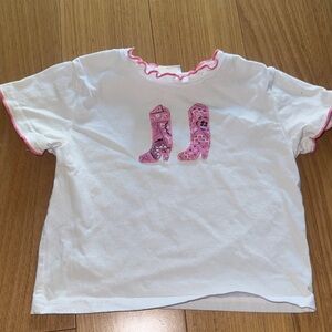 Adorable White Tee with Pink Boot Design